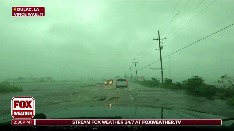 FOX Weather Storm Chaser Vince Waelti captured images of water beginning to spill across a coastal road in Dulac, Louisiana. Sept. 11, 2024.