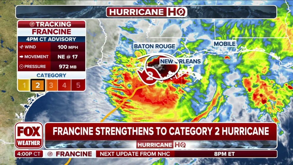 The latest advisory from the National Hurricane Center states that Hurricane Francine has strengthened into a category 2 hurricane late Wednesday afternoon. Sept. 11, 2024.