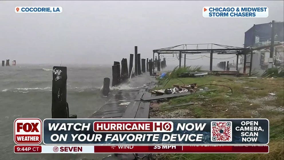 Winds whip and help churn up waves in the town of Cocodrie, which lies southwest of New Orleans. Sept. 11, 2024.