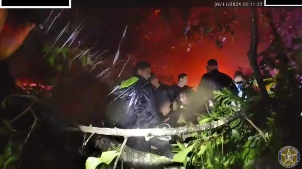 Police bodycam footage shot in Louisiana shows the moment deputies save a woman who became pinned underneath a tree that had crashed down during Hurricane Francine. (Courtesy: Ascension Parish Sheriff's Office)