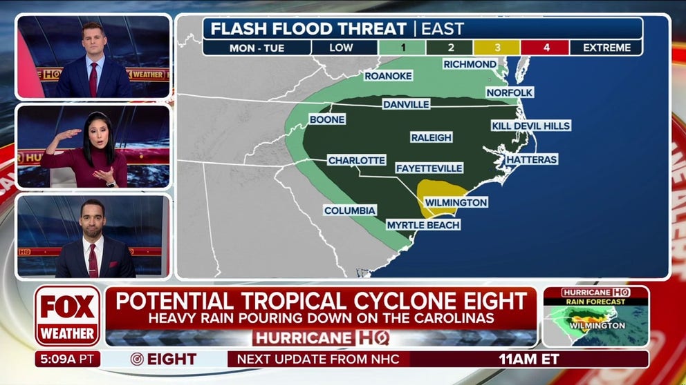 The National Hurricane Center has initiated advisories for Potential Tropical Cyclone Eight near the Carolina coast. The system may become Tropical Storm Helene and move into the Carolinas later Monday. Regardless of its designation, tropical downpours, gusty winds and dangerous beach conditions are all expected before the system gradually moves up into the mid-Atlantic.