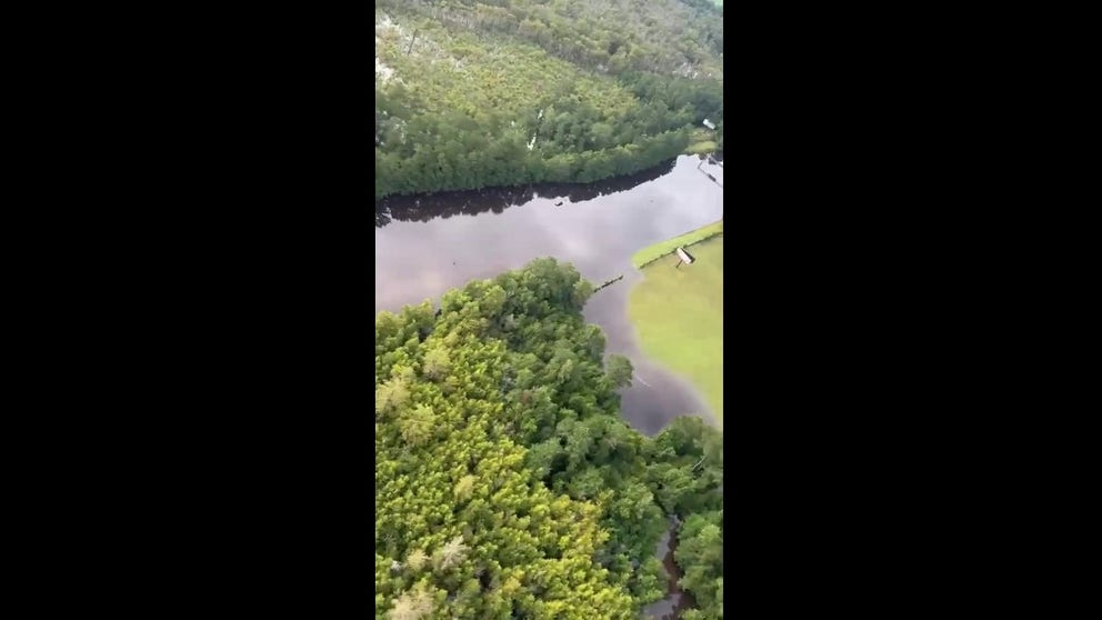 Aerial footage from the Brunswick County Sheriff's Office shows the flooding on U.S. Highway 17 in the county. 