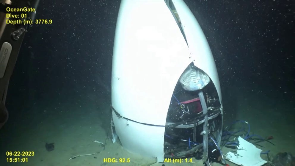 The Coast Guard Marine Board of Investigation has released remotely operated vehicle footage of the Titan submersible’s tail cone in support of the hearing in North Charleston, South Carolina, on Tuesday.