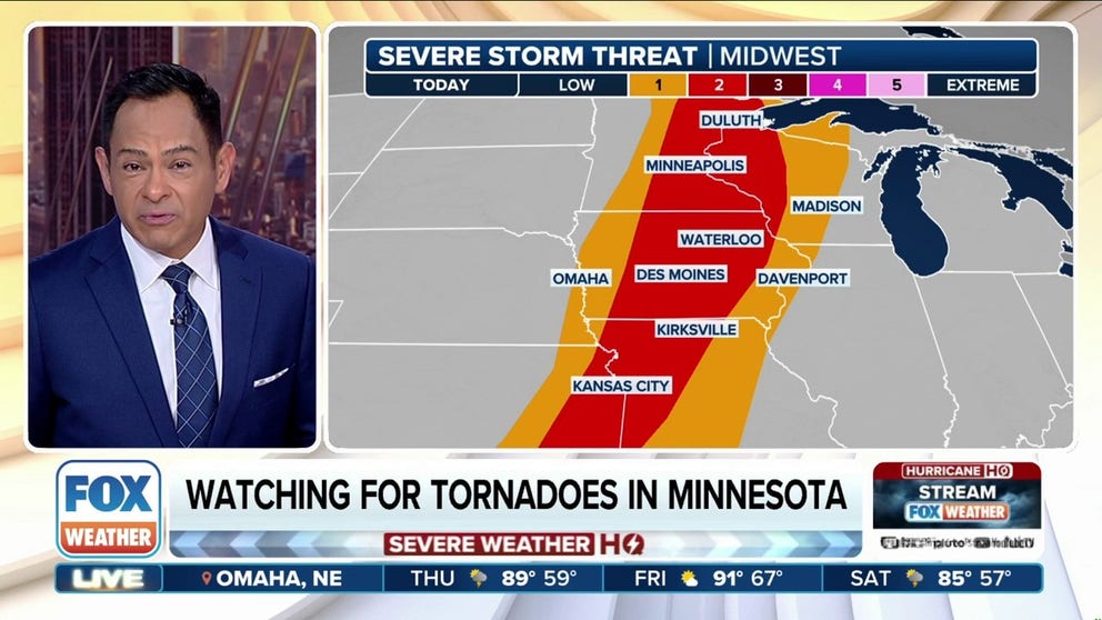 Thunderstorms capable of producing damaging wind gusts and a few instances of large hail are possible Thursday along a vast stretch of the Plains, extending from Texas to western Minnesota.