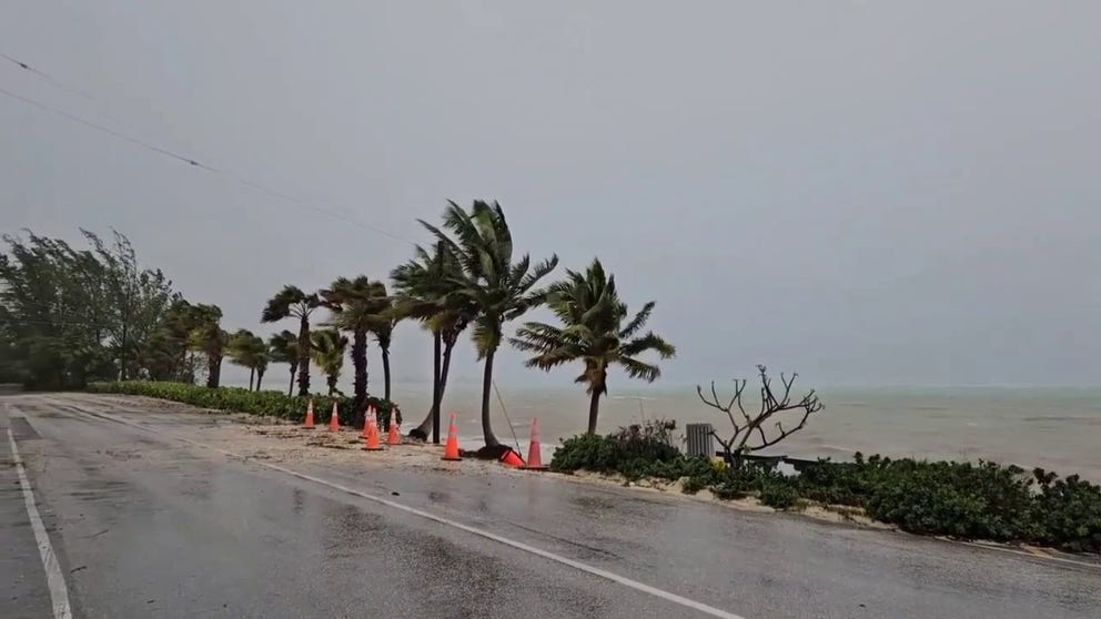 A video recorded on the south side of Grand Cayman shows strong winds bending trees and large waves crashing onshore as Tropical Storm Helene moves across the Caribbean Sea.