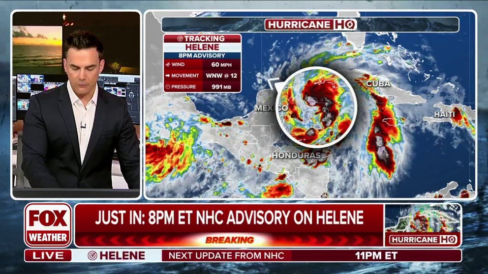 The latest advisory from the National Hurricane Center noted maximum sustained wind speeds that increased to 60 mph, along with a drop is minimum central pressure, in Tropical Storm Helene Tuesday night. Sept. 24, 2024.