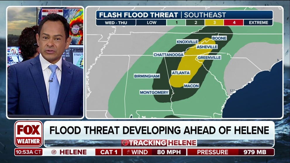 A potentially catastrophic flooding threat is building for the Southeast and into the Mid-Atlantic after Hurricane Helene is expected to make landfall on Thursday. Rainfall totals could exceed a foot in some areas through Sunday. 