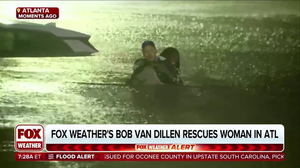 FOX Weather Meteorologist Bob Van Dillen bravely rescued a woman who had driven into floodwaters in Atlanta early Friday morning. Carrying her on his back through chest-deep water, watch as Van Dillen, a towering 6-foot, 1-inch man, demonstrated incredible strength and courage during Hurricane Helene coverage.