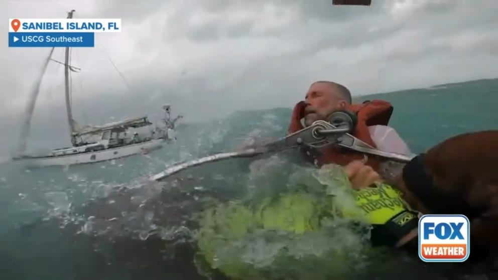 The U.S. Coast Guard Air Station in Clearwater rescued a man and his dog from a disabled sailboat on Thursday during Hurricane Helene. The 36-foot sailboat was taking on water approximately 25 miles off Sanibel Island, Florida.