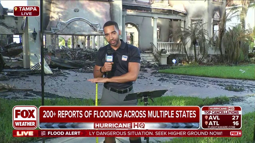 FOX Weather Meteorologist Michael Estime reports from Davis Island, where more than 3 feet of storm surge swept over the Tampa community. Sept. 28, 2024.