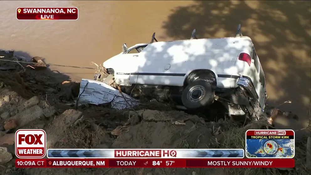 FOX Weather's Robert Ray illustrates the scale of destruction in the town of Swannanoa, North Carolina, after the disastrous flooding caused by Helene.