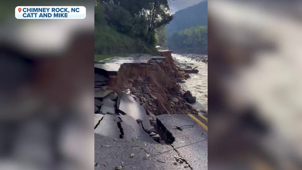 Residents near Lake Lure banded together and faced dangerous conditions from Helene's deadly flooding to make it to the evacuation point in Chimney Rock, North Carolina. This video taken over the course of three days shows Route 64 washed out in many places by the Broad River.