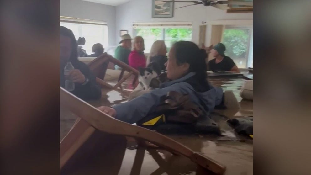 A group of neighbors in Hendersonville, North Carolina, stood in chest-deep floodwater from Helene to save cats and dogs from drowning. (Courtesy: David Rhode via Storyful)