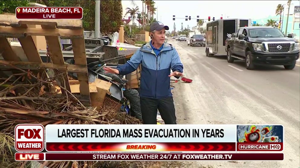 FOX Weather Storm Specialist Mike Seidel is in Madeira Beach, Florida where crews are quickly trying to clean up debris from Hurricane Helene before Hurricane Milton arrives. Milton is forecast to bring 8 to 12 feet of storm surge and hurricane-force winds to the Tampa Bay area.