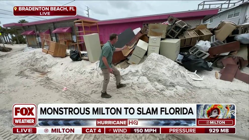 FOX Weather Correspondent Robert Ray shows the lingering destruction along Bradenton Beach from Hurricane Helene's storm surge amid forecasts of storm surge reaching several feet higher with Hurricane Milton.