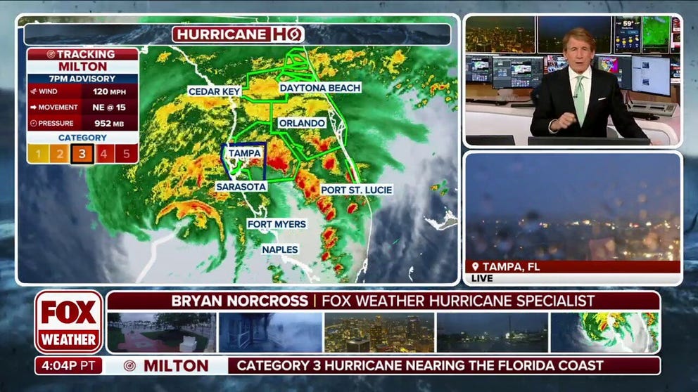 The eye of Hurricane Milton is expected to hit south of Tampa, Florida, Wednesday night. While Tampa will experience powerful winds, Sarasota is on track to be where Milton will make landfall. Oct. 9, 2024. 