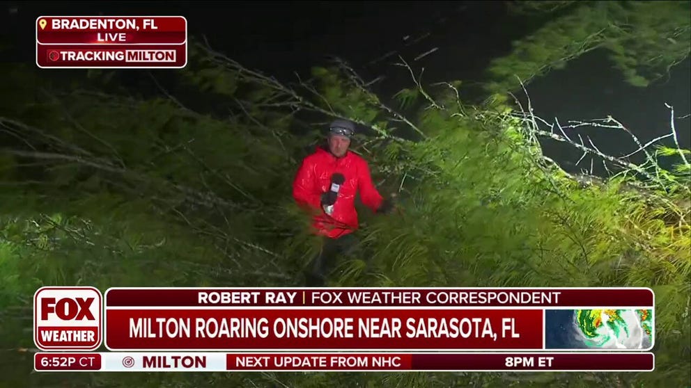 FOX Weather Correspondent Robert Ray and his crew were reporting from Bradenton, Florida, when powerful winds caused a tree to fall onto the team as Hurricane Milton nears landfall. Oct. 9, 2024.