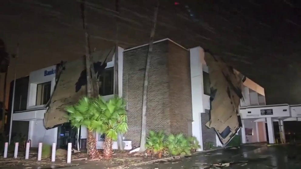 The roof was ripped off the Bank of America in Bradenton, Florida, during Hurricane Milton's approach on Florida Wednesday. FOX Weather Exclusive Storm Tracker Brandon Copic caught the damage on video.