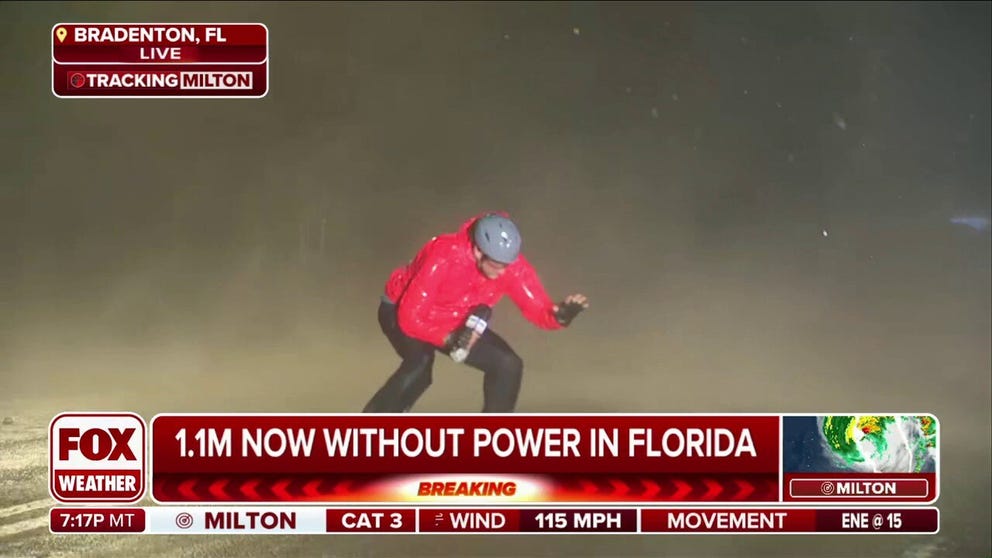 FOX Weather Correspondent Robert Ray and his team give a raw, behind-the-scenes look from Bradenton, Florida, as powerful wind blew rain and debris at them. Winds gusting over 80 mph were measured nearby. Oct. 9, 2024.