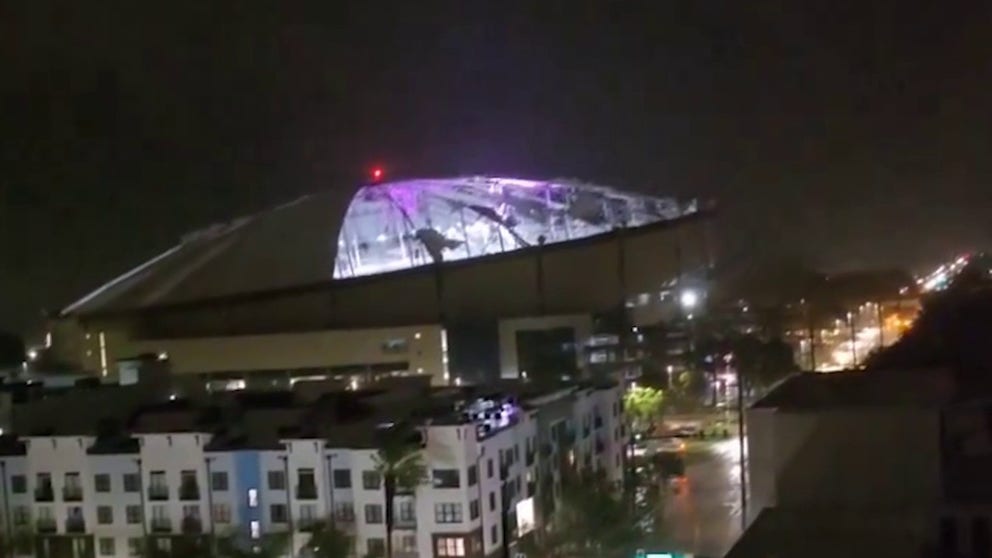 Ferocious winds from Hurricane Milton caused significant damage to Tropicana Field in St. Petersburg, where video showed massive tears in the stadium's roof. The facility is home to the Tampa Bay Rays. (Courtesy: @Zachab29 / X)