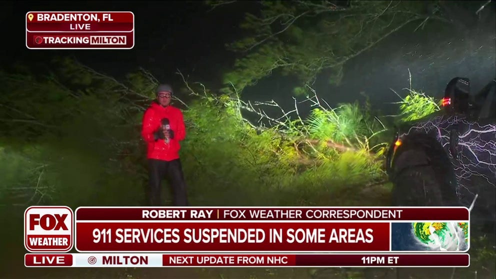 FOX Weather Correspondent Robert Ray describes trying to clear debris after a tree fell near his live shot location and the FOX Weather Beast during Hurricane Milton.