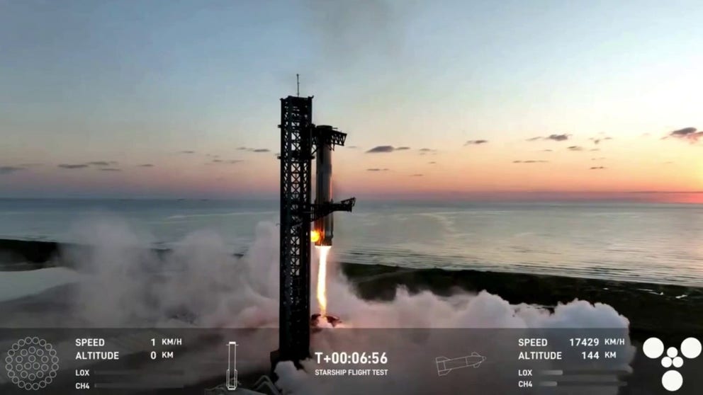 Highlights from SpaceX's fifth orbital test flight of the Starship spaceship show the launch, separation and the first successful catch of the Super Heavy Booster in Texas on Oct. 13, 2024.