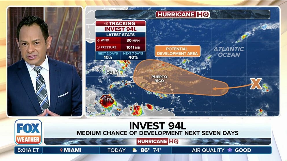 Forecasters with the National Hurricane Center (NHC) are keeping their eyes on Invest 94L spinning over the eastern Atlantic which they say could develop into a tropical depression by the end of the week.