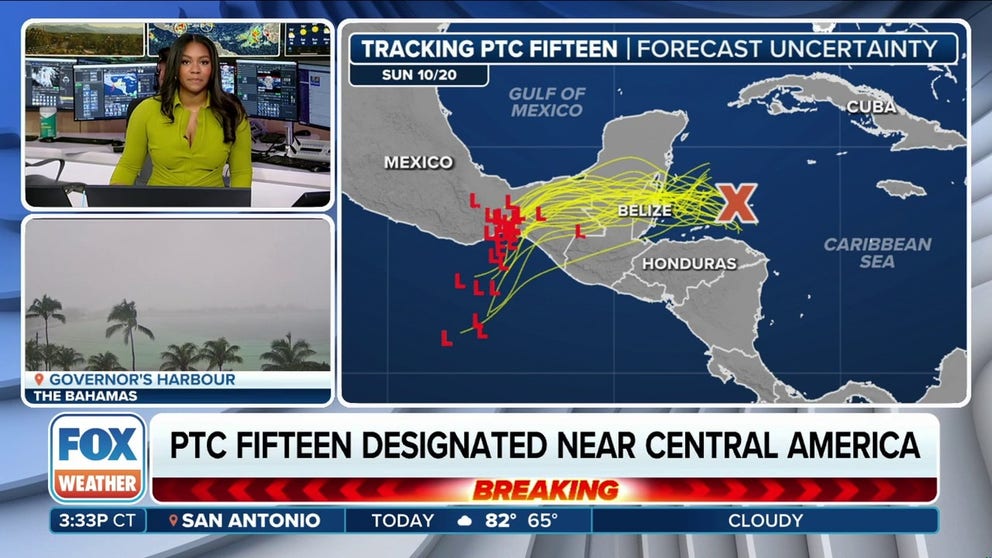 Off the coast of Belize, the showers and thunderstorms of Invest 95L have become better organized with a 70% chance of development over the next two days, according to the National Hurricane Center. Because of this, it has been designated as Potential Tropical Cyclone Fifteen. Oct. 18, 2024.