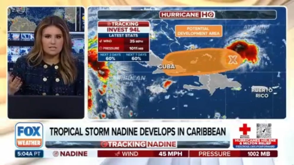 The latest advisory from the National Hurricane Center said Tropical Storm Nadine nears landfall in Belize, while Invest 94L organizes north of Haiti and the Dominican Republic with a 60% chance of development in 48 hours. Oct. 19, 2024.