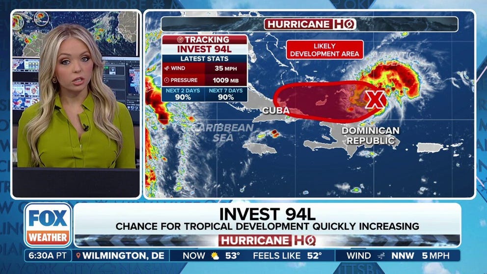 Located north of Hispaniola, Invest 94L is rapidly organizing with now a 90% chance of development over the next two days. Should it develop, it would be named "Oscar." 