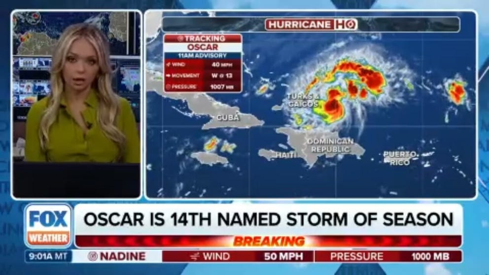 Invest 94L has developed into a tropical storm Oscar in the Atlantic. Oscar is the 14th named storm of this year's hurricane season. 