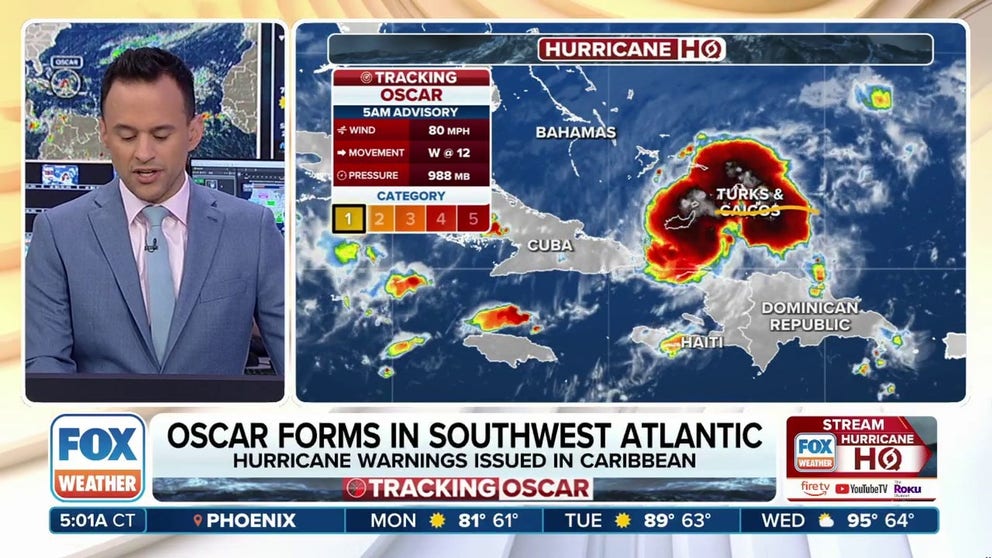 Oscar made landfall in Great Inagua Island, Bahamas, early Sunday morning as a Category 1 hurricane after the storm quickly developed over the weekend.