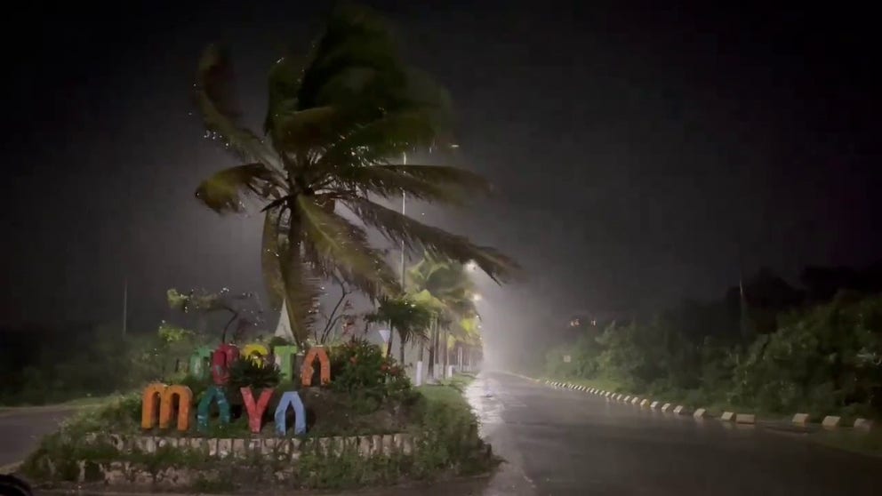 A video shared from Costa Maya, Mexico, shows strong winds and torrential rain from then-Tropical Storm Nadine as the system moved into the area over the weekend.