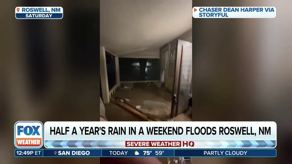 Chaser and Nikki Harper narrowly escaped tragedy after their Roswell, New Mexico, home was destroyed by catastrophic flooding last weekend. Trapped on their porch, they were forced to shelter with their two dogs, two cats, four snakes and lizard as the floodwaters rose Saturday. The Harpers joined FOX Weather on Wednesday to share their story of survival.