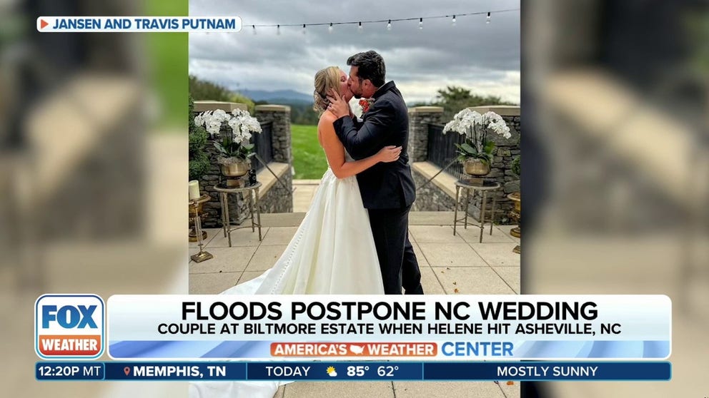 Jansen and Travis Putnam had to cancel their initial wedding ceremony at the Biltmore Estate, where they were sheltering in place as Helene wreaked havoc in western North Carolina. However, hotel staff and guests worked together to bring their wedding to life. Oct. 24, 2024.