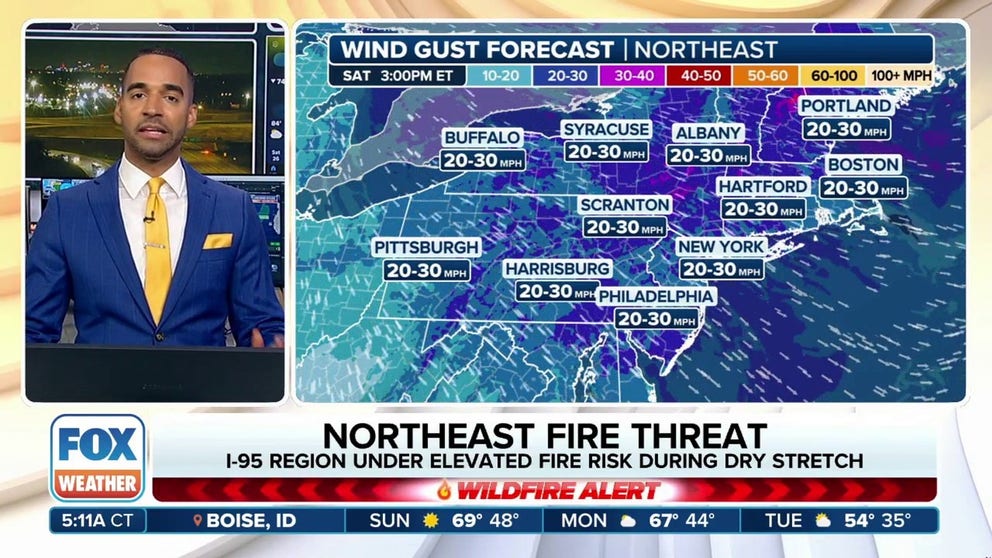 Much of the I-95 corridor is under an elevated fire risk with even Fire Weather Warnings covering Connecticut, Rhode Island, Massachusetts and parts of New Jersey as near-record dry stretch combines with gusty winds and a drop in humidity this weekend.