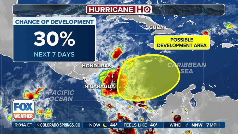 A new area to watch has been highlighted by the National Hurricane Center in the southwestern Caribbean Sea. For now, the odds of development are low over the next week, but the FOX Forecast Center believes those odds could increase as we move closer to the final month of the Atlantic hurricane season.