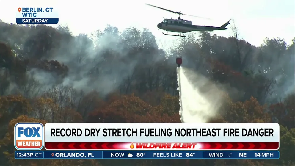 The Northeast U.S. remains under an elevated fire weather threat on Monday due to dry vegetation, winds and low relative humidity. Cities including New York and Philadelphia are approaching record dry streaks. 