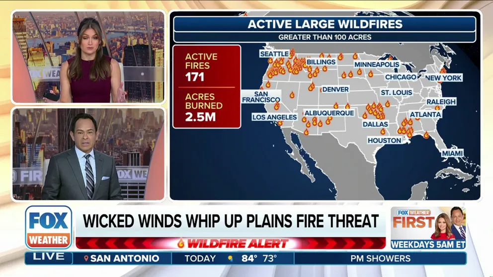 Fire danger will be high across the Plains Tuesday as a combination of unseasonably warm (if not record high) temperatures, wind gusts around 35 to 45 mph, and relative humidity between 15 and 30% cause widespread extreme grassland fire danger.