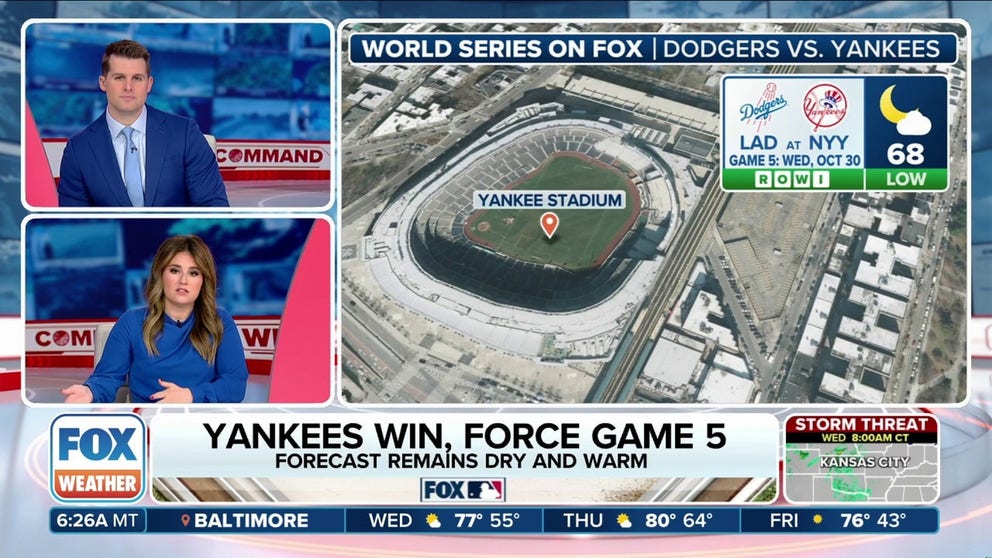 The weather for this year's World Series continues to be near-perfect with cool but dry conditions prevailing at Yankee Stadium. For Game 5, we'll be looking at one of the warmest World Series games at Yankee Stadium since 1996 with a first pitch temperature in the upper 60s.