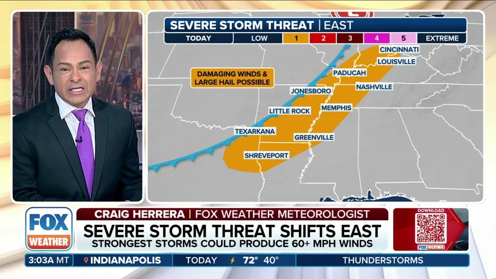 A few strong storms producing marginally severe gusts will be possible Thursday, from parts of the Ohio Valley southwestward into northeast Texas.