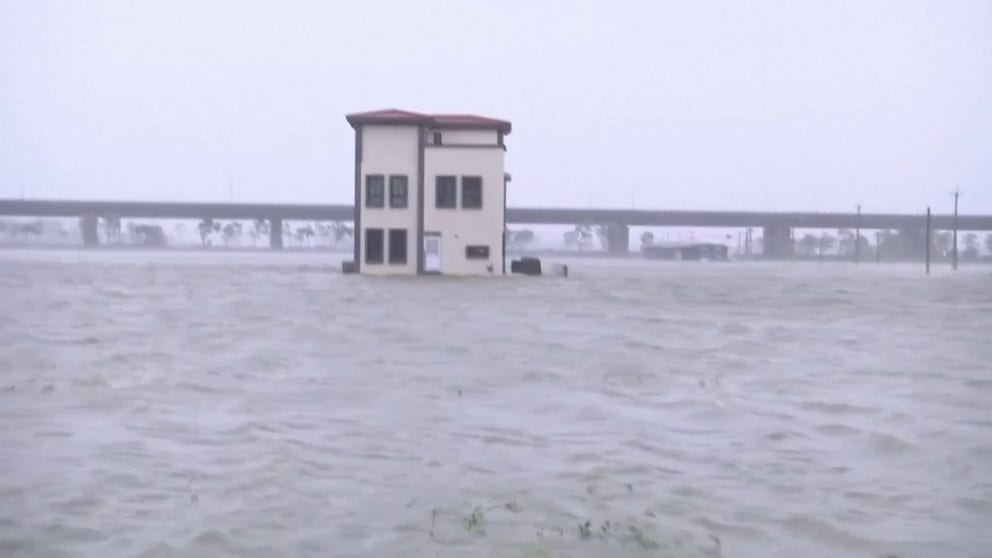 Video from Taiwan shows the power of Typhoon Kong-rey as the monster storm lashed the region on Thursday. Video shows flooding caused by the torrential rain that fell and large waves that slammed on shore.