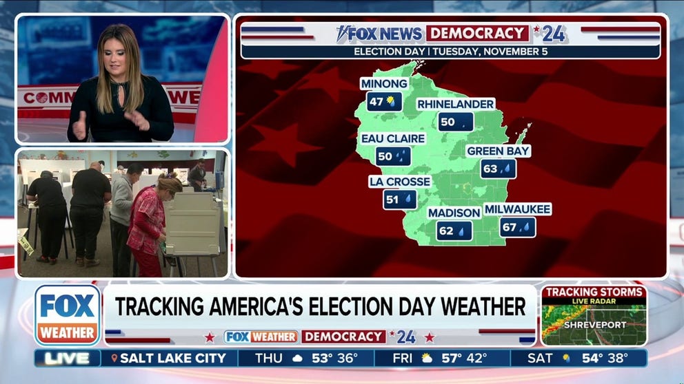 Voters from the Southern Plains into the Northeast should be prepared for showers and possible thunderstorms on Election Day, Nov. 5. Weather threats include wind and rain from the Central U.S. and into the Great Lakes. 