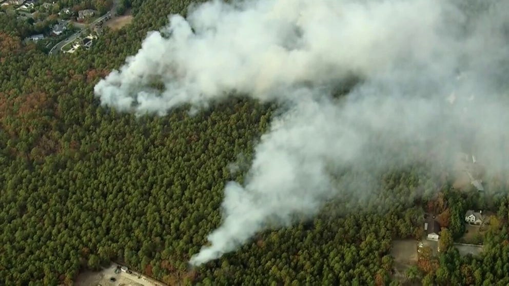 Aerial footage of brush fire near Evesham Twp, NJ (WTFX)