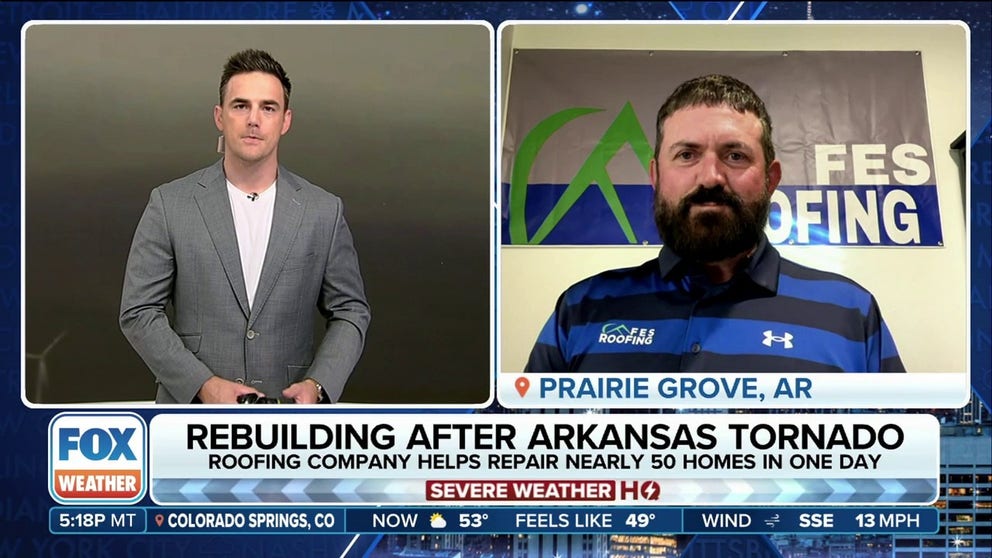 Chris Hobgood, co-owner of F.E.S Roofing, spoke about how the roofing company has been on the ground in Prairie Grove, Arkansas assisting with nearly 50 homes in the recovery efforts. Nov. 1, 2024.