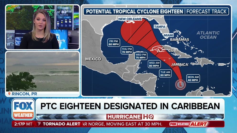 The National Hurricane Center designated an area of disturbed weather in the Caribbean Sea as Potential Tropical Cyclone Eighteen. It's expected to strengthen into Rafael, prompting forecasters to issue Hurricane and Tropical Storm Watches and Warnings in the western Caribbean.