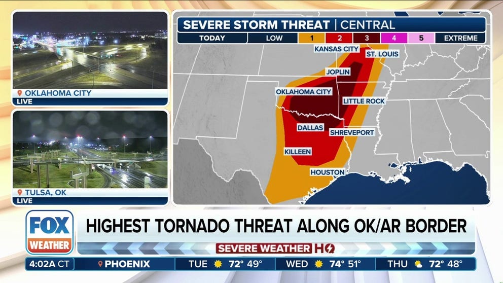 Monday will be the final day of the multi-day severe storm threat in the Plains. Severe thunderstorms are likely once again, especially in the afternoon into early evening from northeast Texas to southwest Missouri. Tornadoes, a couple of which may be strong, and damaging winds should be the main hazards.