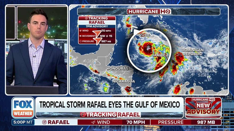 Tropical Storm Rafael is expected to intensify into a hurricane as it moves near or over the Cayman Islands overnight. Steady to rapid intensification is expected to continue through Wednesday as Rafael approaches western Cuba.