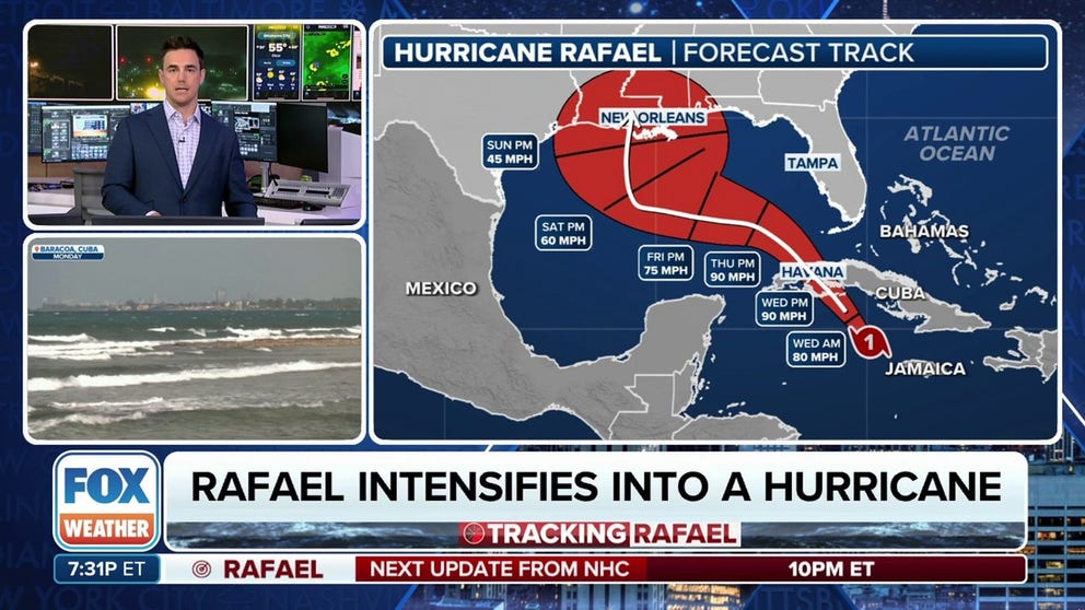 The latest advisory from the National Hurricane Center says that Rafael has intensified into a Category 1 Hurricane. Nov. 5, 2024.