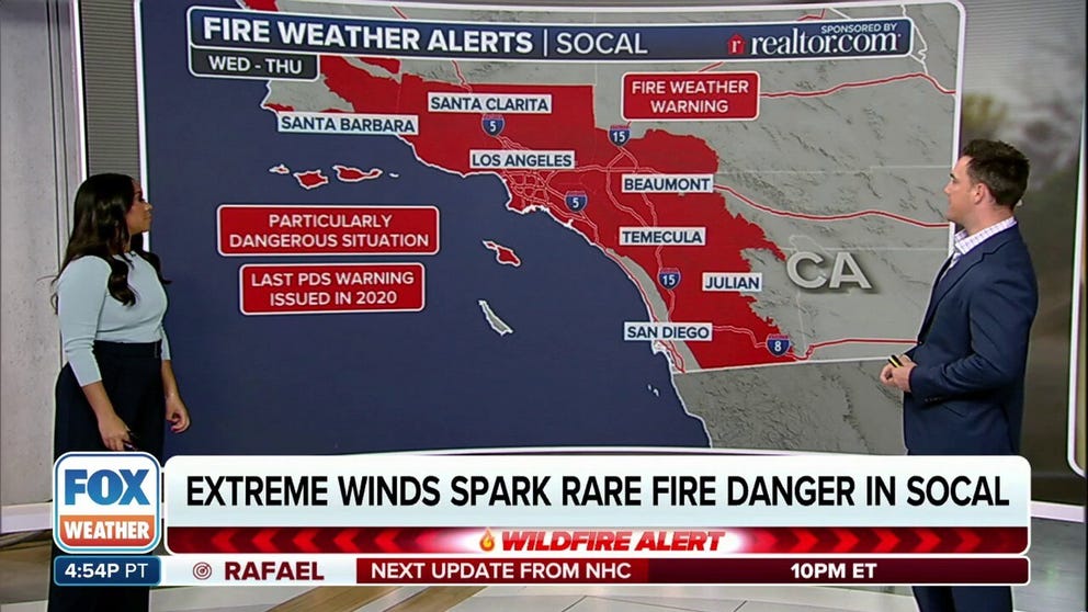 Residents in Southern California face an extreme fire weather threat Wednesday as dry conditions overlap with strong Santa Ana winds. Nov. 5, 2024.